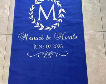 Alfombra de pasillo personalizada con monograma de nombre azul real, sin transparencias, para decoración de bodas, compromiso, fiesta de graduación