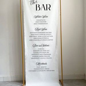 Hochzeitsbar-Menü aus Stoff, Bar-Getränkemenüs für Hochzeiten, Signature-Cocktails-Menü, Hochzeitsgetränkeliste, Barkarte aus weißem Stoff