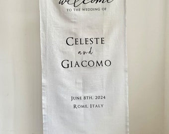 White Linin Wedding Welcome sign, signature Fabric Rustic sign wedding decor personalized print Elegant Long Nature