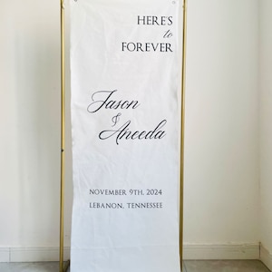 Cartello di benvenuto per matrimonio in lino bianco, firma in tessuto rustico, decorazione per matrimonio, stampa personalizzata, elegante, lungo, natura