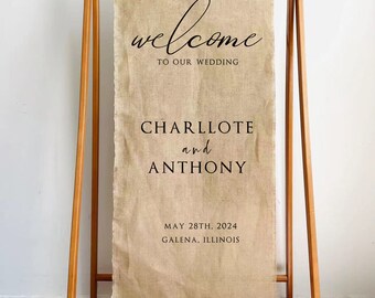 Custom Elegant Long Nature Burlap Wedding Welcome sign signature Fabric Rustic sign wedding decor personalized print