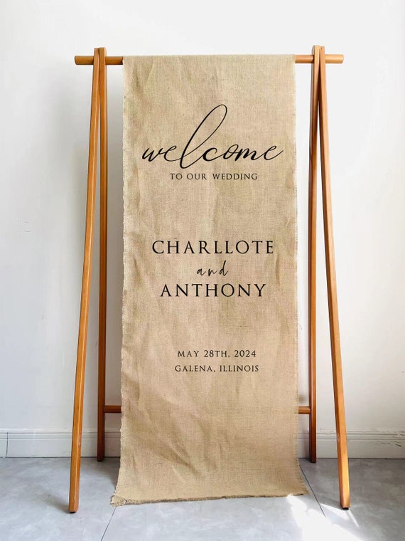 Custom Elegant Long Nature Burlap Wedding Welcome sign signature Fabric Rustic sign wedding decor personalized print