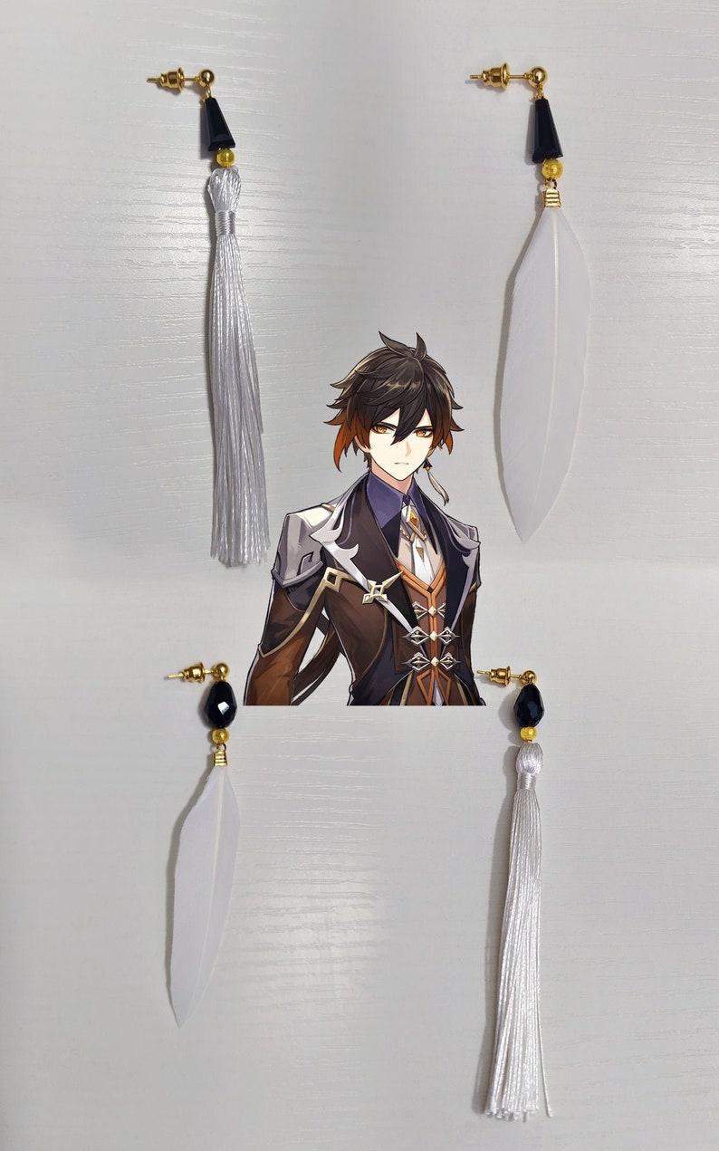 Zhongli Earrings Tassel and Feather Inspired Genshin Impact Etsy