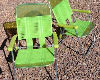 2 Lime Green 'Jelly' Tubing Lawn Chairs Folding RV Vintage Retro Chair Fast Ship