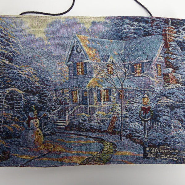 Thomas Kinkade Christmas Moonlight Fiber Optic Tapestry Wall Hanging Snowy Christmas #90630