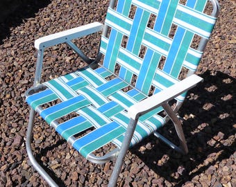 Vintage Sunbeam Folding Lawn Chair: Blue & White Aluminum Frame