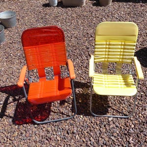 2 &#39;Jelly&#39; Tubing Lawn Chairs Red/Orange & Yellow/White Folding RV Camping