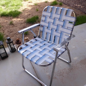 Folding Aluminum Lawn Chair New Webbing White Blue
