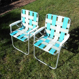 2 Lawn Chairs Folding Chairs Aluminum Frame White Blue Yellow Lawn Chair