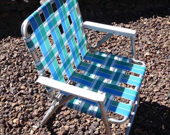 Vintage Sunbeam Folding Lawn Chair: Blue & White Aluminum Frame