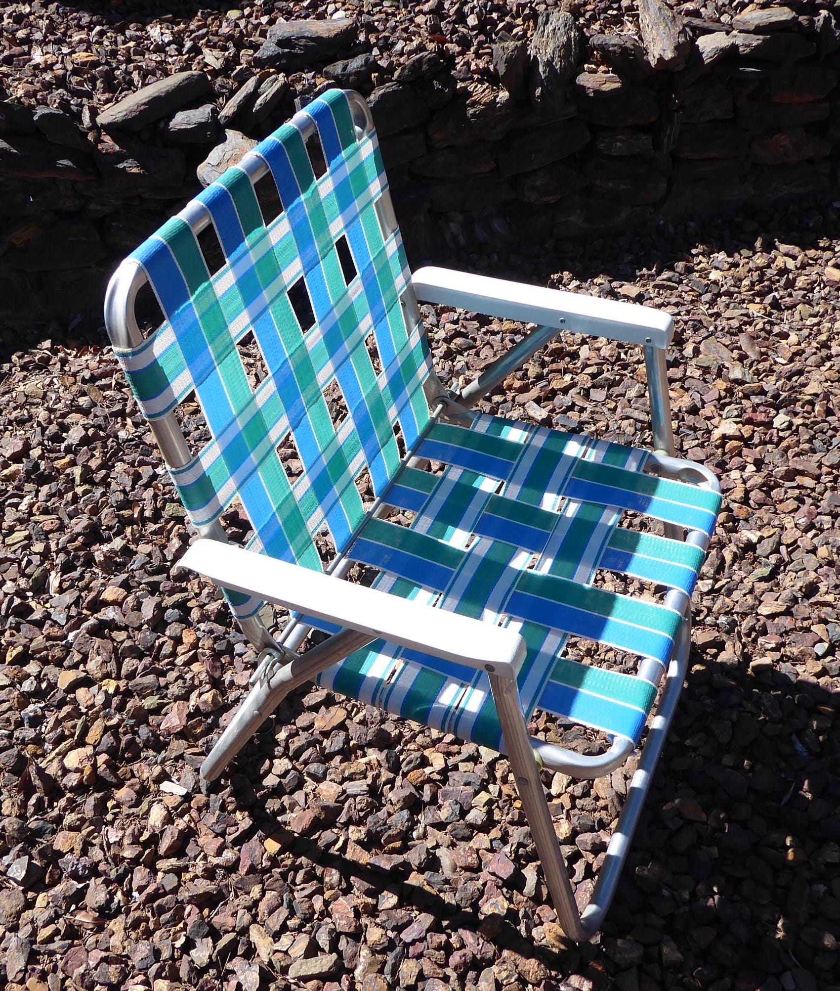 Vintage Sunbeam Folding Lawn Chair: Blue & White Aluminum Frame