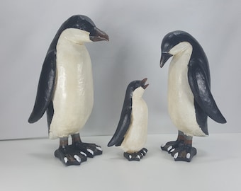 3 Solid Plaster Penguin Family Decoration Wildlife Art Deco
