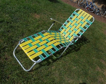 Beautiful Lawn Chair Folding Chair Aluminum Frame Green & Yellow Lawn All New Webbing! Aluminum Arms! Fast ship