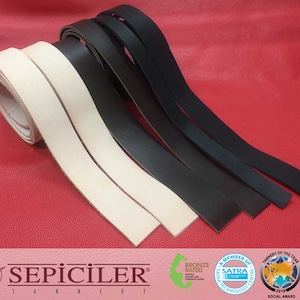 May include: A selection of leather strips in natural, brown, and black hues, arranged on a red surface. The leather strips are of varying lengths and widths. The image also includes the text "SEPİCİLER" and several awards.