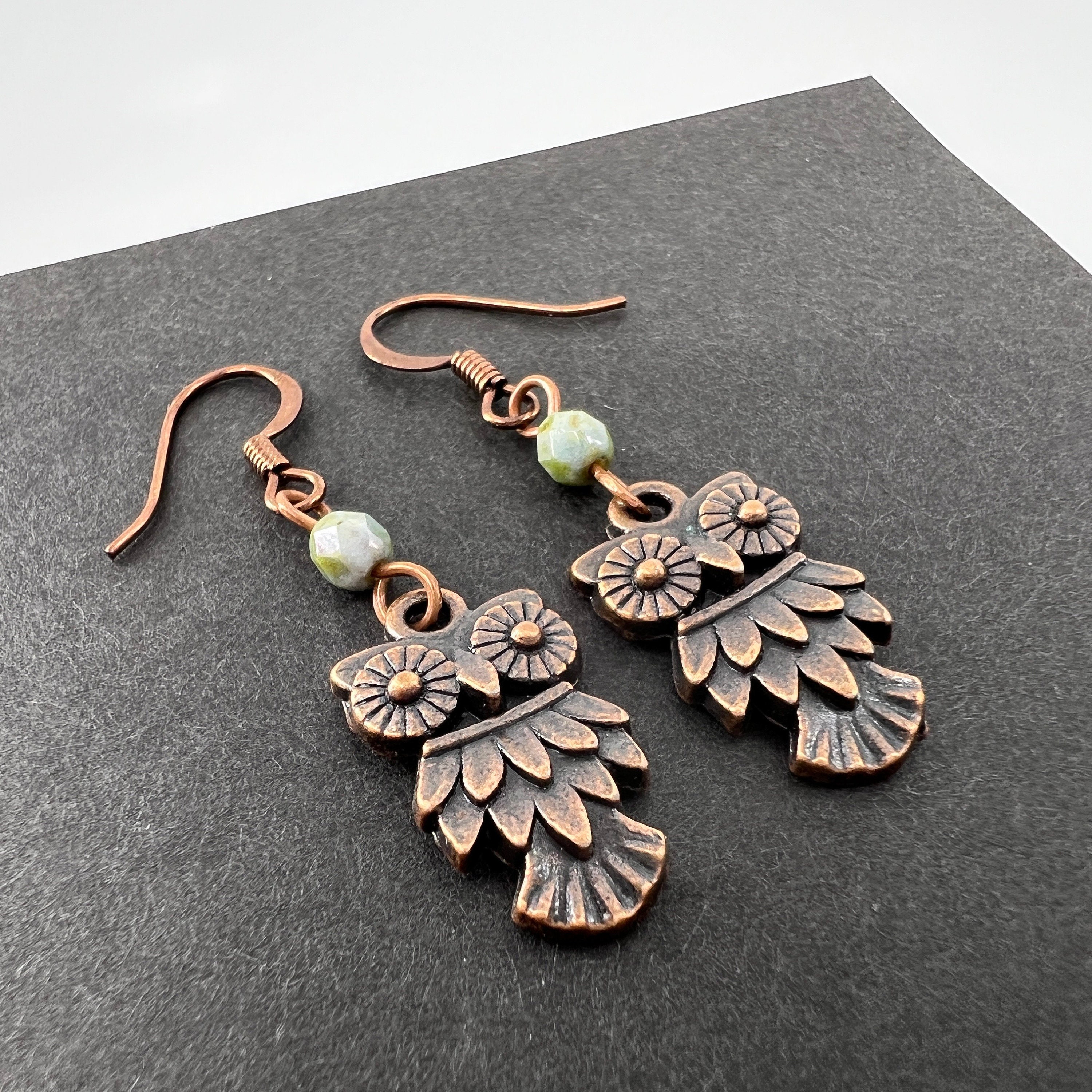 Owl Earrings Green Glass faceted bead Copper, green patina color, dimensional owl, Earrings for Wome
