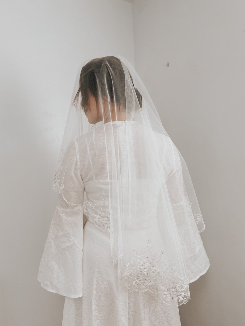 White embroidered wedding veil, Elegant handmade veil, waltz length veil, white wedding veil, white wedding veil drop veil style image 4