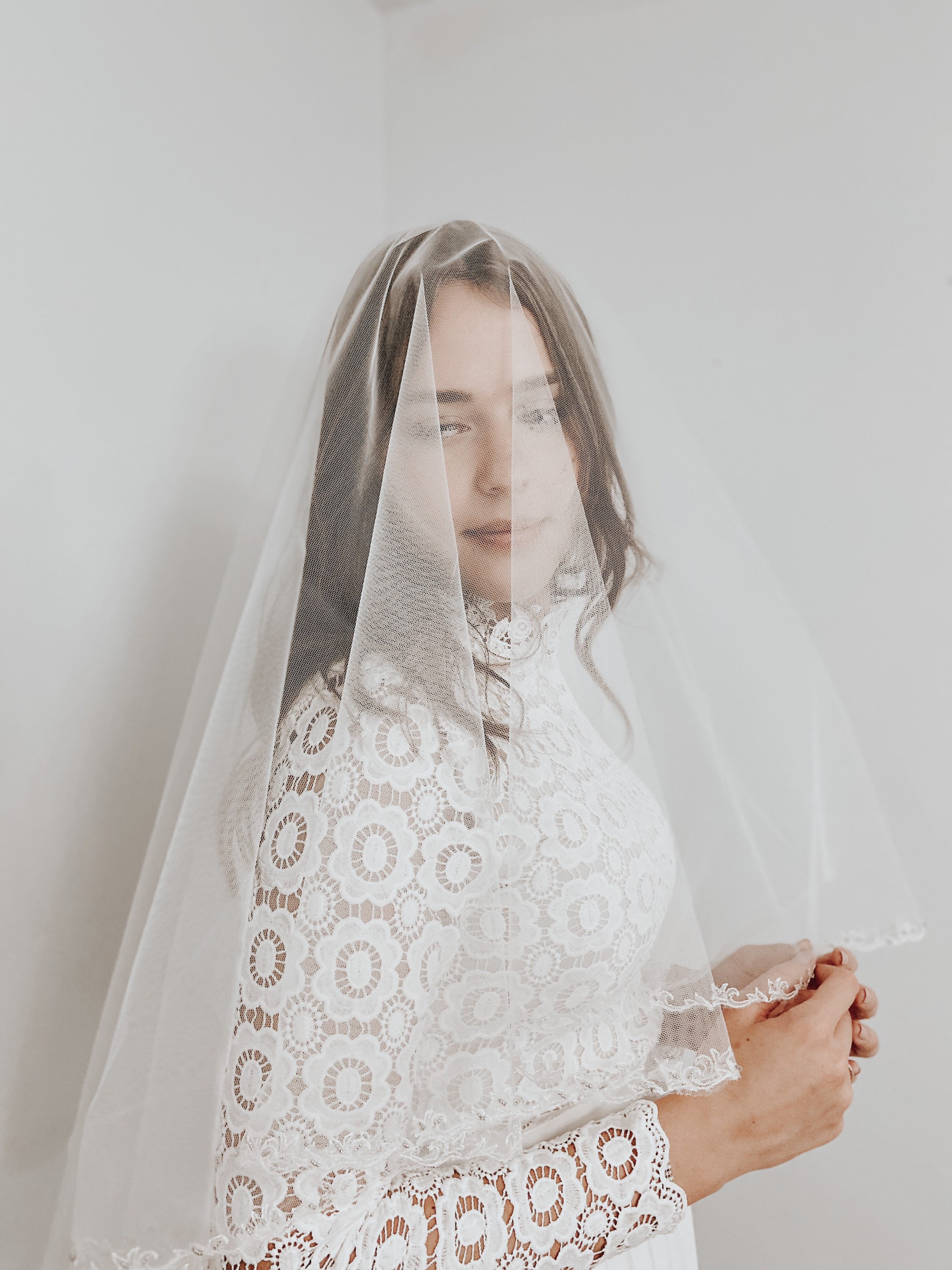 Ivory Embroidered and Beaded Veil, Fingertip Length Veil, Ivory Veil