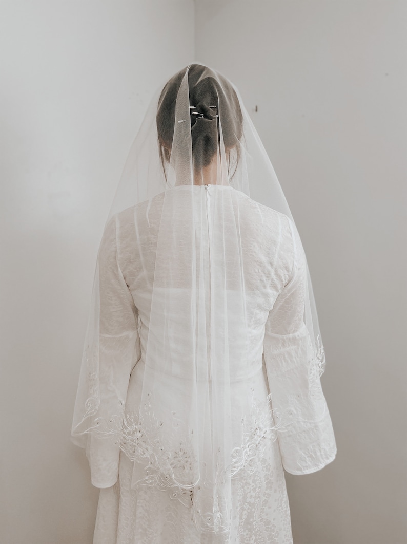 White embroidered wedding veil, Elegant handmade veil, waltz length veil, white wedding veil, white wedding veil drop veil style image 5