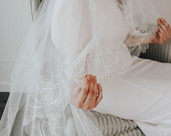 Ivory Embroidered veil, elegant cathedral length veil, ivory wedding veil, handmade veil mantilla veil style, long veil, cathedral length