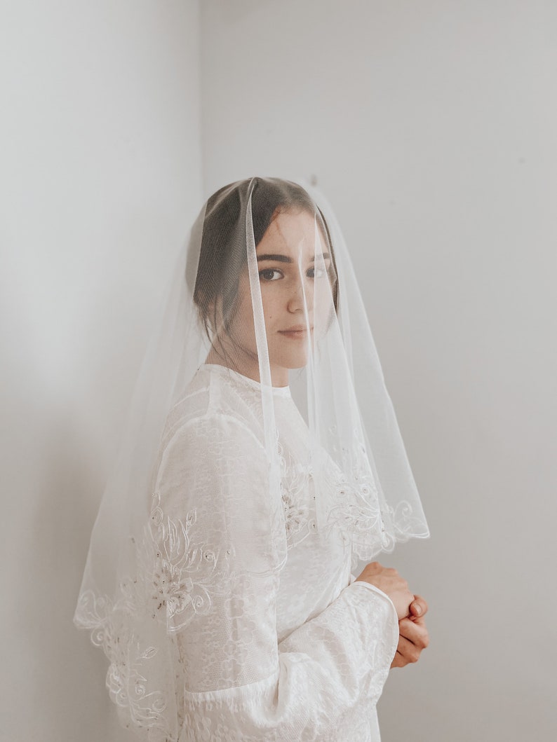 White embroidered wedding veil, Elegant handmade veil, waltz length veil, white wedding veil, white wedding veil drop veil style image 1