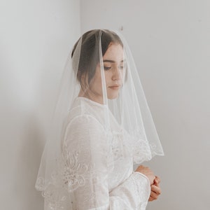 White embroidered wedding veil, Elegant handmade veil, waltz length veil, white wedding veil, white wedding veil drop veil style image 2