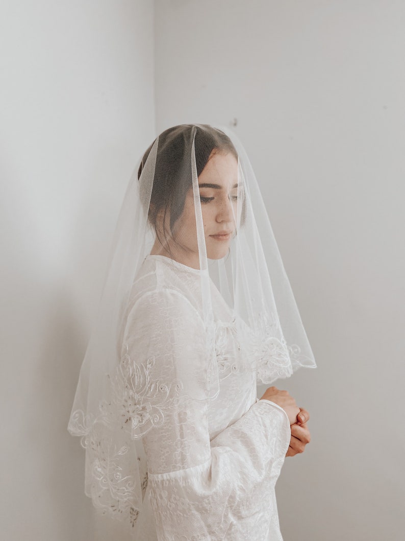 White embroidered wedding veil, Elegant handmade veil, waltz length veil, white wedding veil, white wedding veil drop veil style image 2