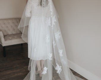 White embroidered veil, waltz length veil, white  wedding veil, handmade veil, long veil, cathedral length, single tier, sheer