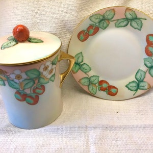 Vintage Hand Painted Strawberry Jam Pot With Under-plate