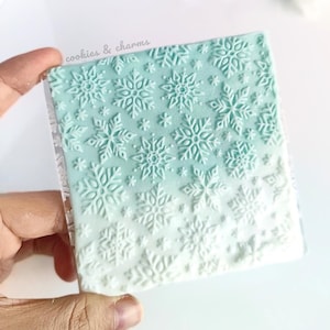 Könnte beinhalten: Ein hellblauer Silikon-Backstempel mit einem Schneeflockenmuster. Der Stempel hat einen Farbverlauf, der von einem dunkleren Blau zu einem helleren Blau übergeht. Der Stempel wird von Cookies & Charms hergestellt.