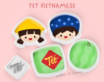 Tet Cortador de galletas de Año Nuevo vietnamita, Cortador de galletas, Sello de relieve cortador de fondant / Tet Boy Girl Sandía Arroz pegajoso