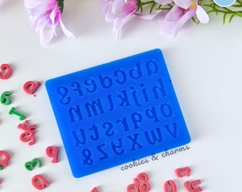 Molde de silicona con letras y números del alfabeto pequeño para fondant, chocolate, arcilla polimérica y resina UV.
