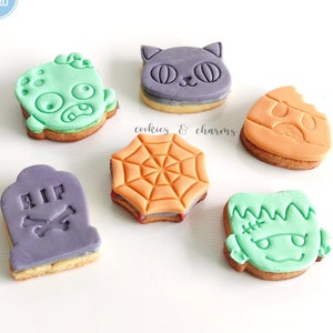 Halloween Cookie Cutter & Embossers | Zombie, Tombstone, Candy corn, Frankenstein, Spider web, Cat | Cute Halloween Cookie Cutter Stamps