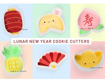 2025 Lunar Chinese New Year Cookie Fondant Cutter |  Long Lantern, Fortune Cookie, Peach, Pineapple, Chinese Fan, Gold Ingot Cookie Cutters