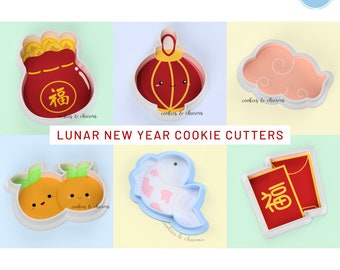 2025 Chinese Lunar New Year Cookie Cutter Fondant Cutter | Money Bag, Round Lantern, Cloud, Oranges, Red Packet, Koi Fish