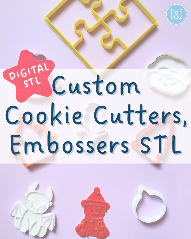 May include: A collection of custom cookie cutters and embossers, including a dragon, a bear wearing a hat, a ghost, a puzzle piece, a house, and a Christmas tree. The cutters are made of white plastic and are available in digital STL files. The text "Digital STL" and "Custom Cookie Cutters, Embossers STL" is displayed on the image.
