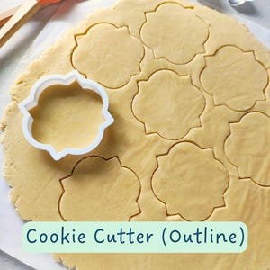 May include: A close-up of a round sheet of cookie dough with multiple flower-shaped cookie cutters pressed into the dough. The text "Cookie Cutter (Outline)" is visible at the bottom of the image.