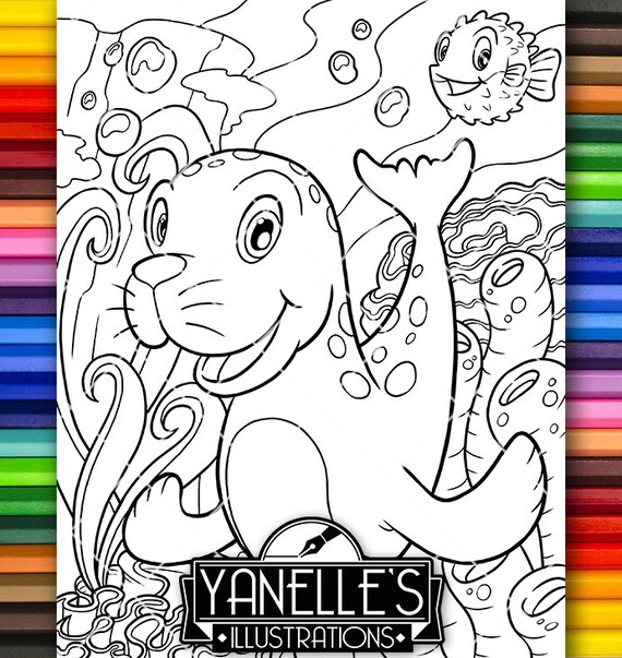 Adult Coloring Page Cute Seal Ocean Sea Underwater Under The Etsy