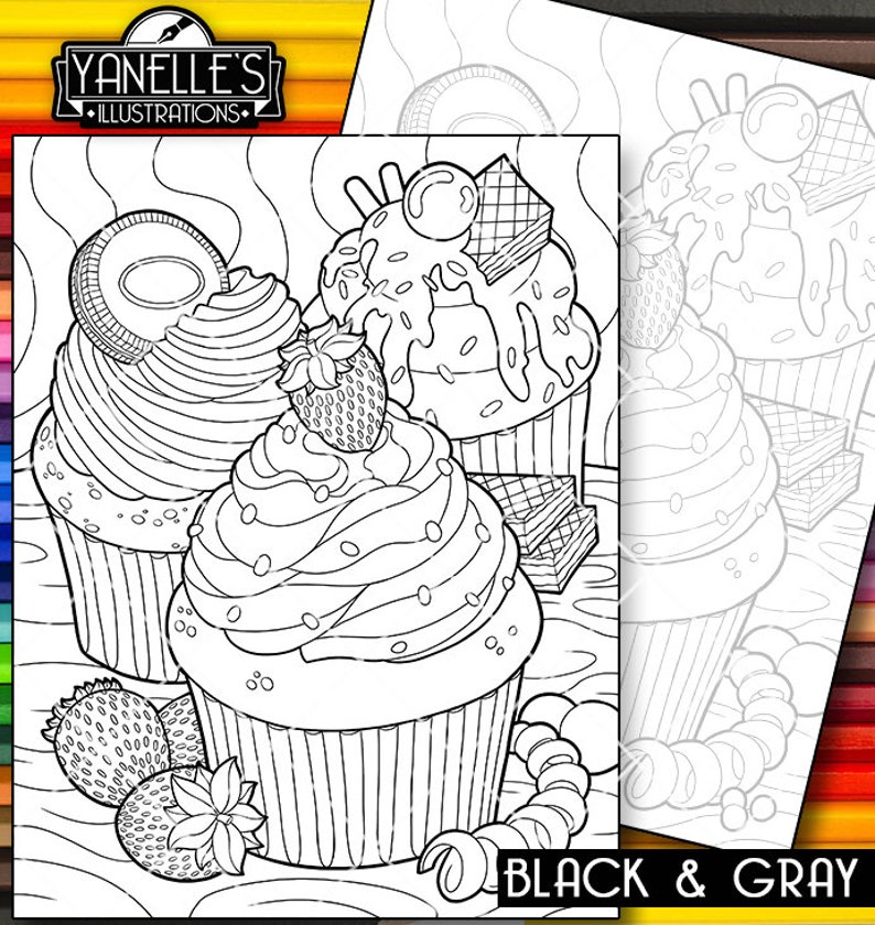 Download Adult Coloring Page Desserts Cup Cake Icing Fun Food Snack ...
