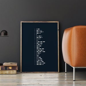 May include: A framed print with a dark blue background and white text. The text is a list of letters of the alphabet with a series of dashes next to each letter. The print is hanging on a dark gray wall.