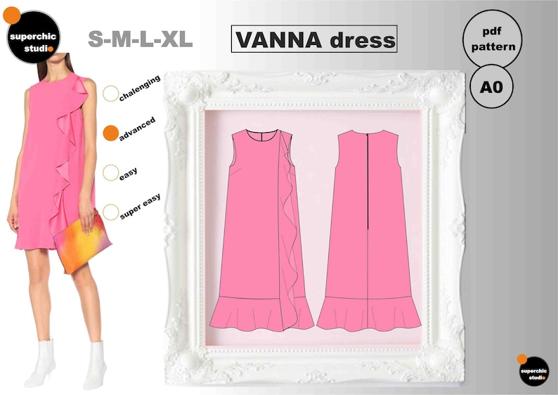 VANNA Dress S-M-L-XL Sewing Pattern-PDF A0 Copyshop-Inspired by Valentino Collection
