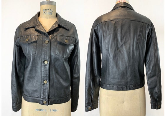 Vintage 90s Black Leather Jean Jacket - Ellen Ashl