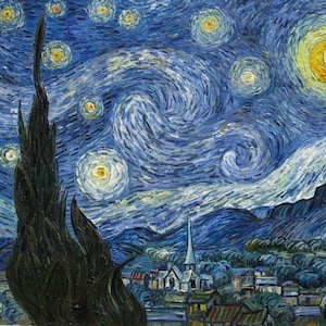 May include: A painting of a starry night sky with a swirling blue and white sky. The painting features a large, bright yellow moon in the upper right corner and a dark, tall tree in the lower left corner. A small town with a church steeple is visible in the distance.