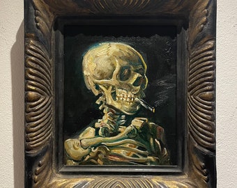 Framed Skull with burning cigarette Van gogh reproduction, hand-painted in oil on canvas