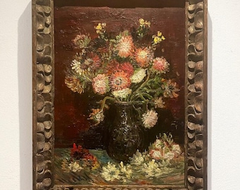 額装されたゴッホ作「アスターとグラジオラスの花瓶」の複製画。手描き