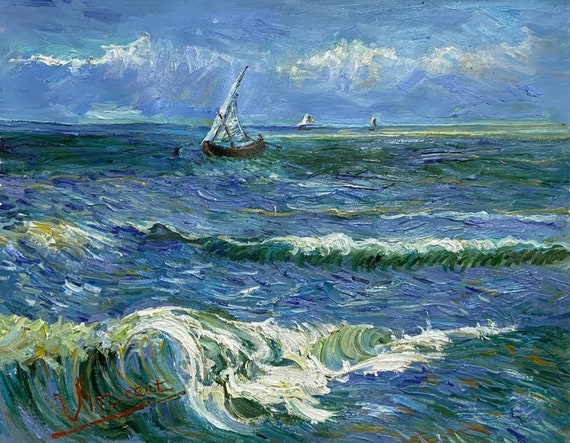 Van Gogh Seascape at Saintes-maries Painting, Hand-painted in Oil on Canvas  
