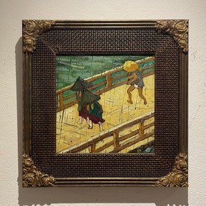 Framed Bridge in the Rain detail Van Gogh reproduction, hand-painted in oil on canvas