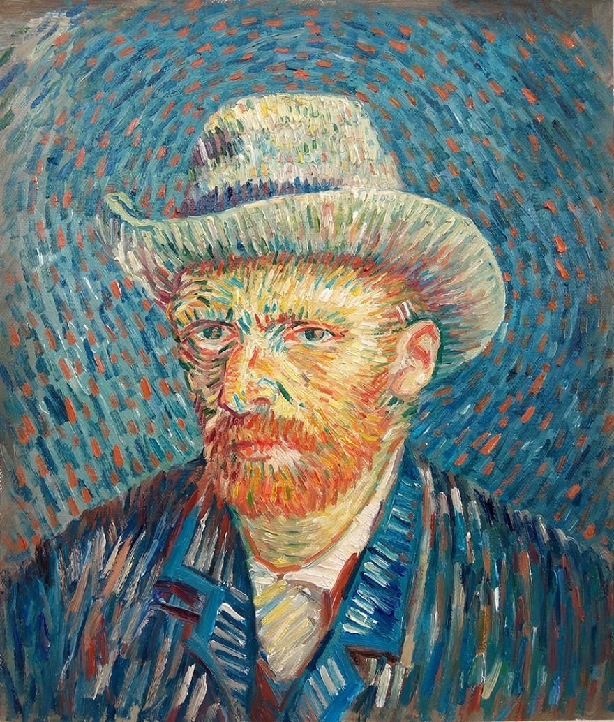 灰色のフェルト帽をかぶった自画像、ゴッホの複製画、キャンバスに