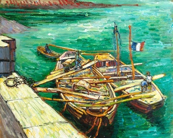 Quai avec des hommes déchargeant des barges de sable Reproduction de peinture à l'huile Van Gogh, peinte à la main à l'huile sur toile