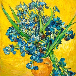 Van Gogh vase with Irises against yellow Background painting, hand-painted in oil on canvas.