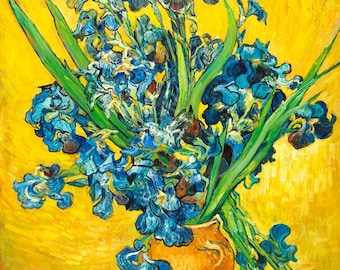 黄色の背景を背景にしたアイリスの花瓶を描いたゴッホの絵画